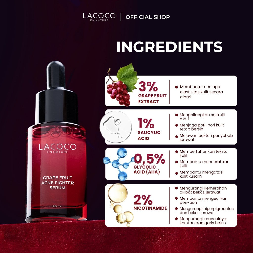 [BEST SELLING] [Abel Cantika's Picks] Lacoco Grape Fruit Acne Fighter Serum Skincare Jerawat Meradang Beruntusan Glow Swiss Glad Skint