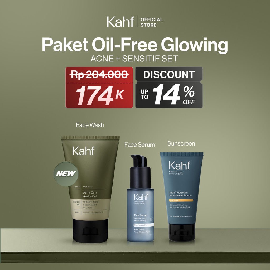 [SPECIAL KAHF DECODE : PAKET PERAWATAN KULIT BERMINYAK BERJERAWAT] Paket Oil-Free Glowing (Face Wash + Serum + Sunscreen) - 3in1 Bundle untuk Membantu Kontrol Minyak, Meredakan Jerawat/Kemerahan, dan Tetap Glowing - Suitable for Daily Use