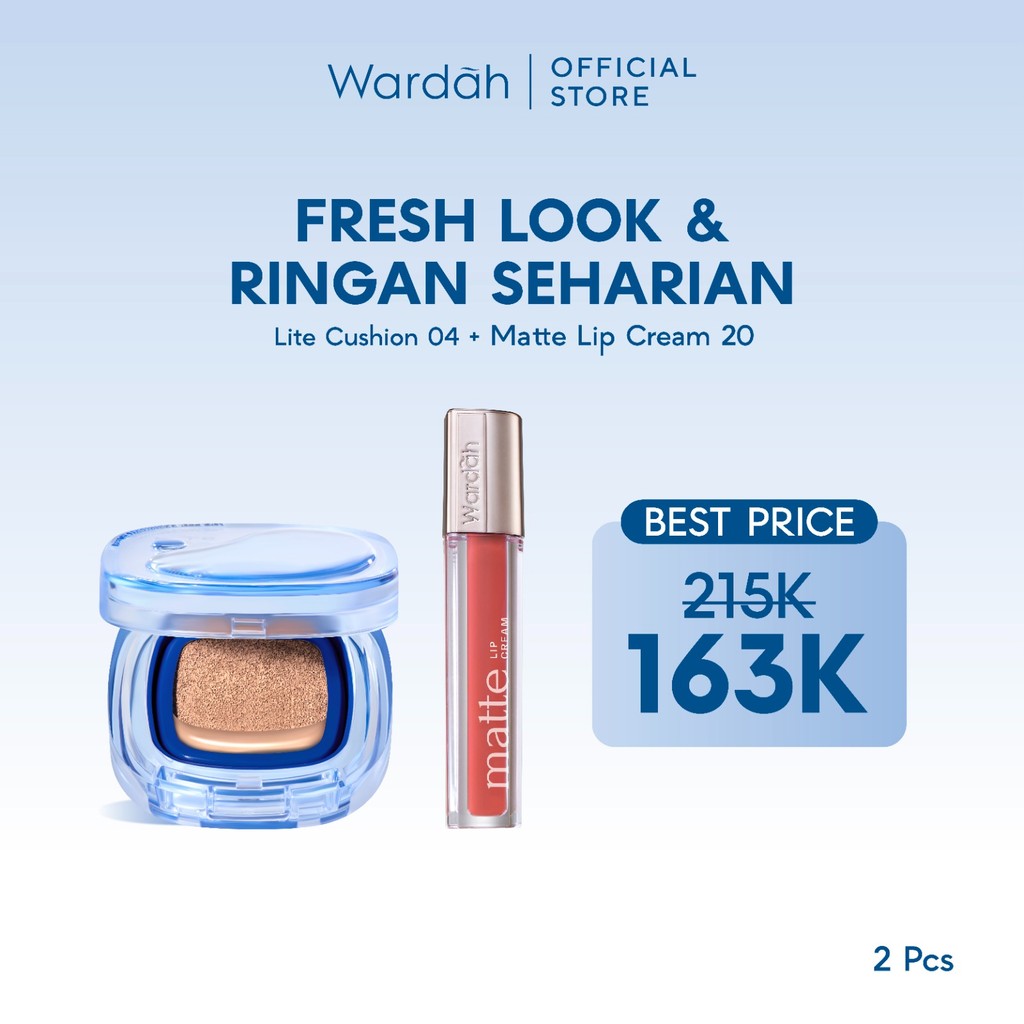 WARDAH Paket Make Up Ringan Sepanjang Hari | Fresh Look, Flawless, Tahan Lama | Light+ Lite Skin Filter Cushion + Best Seller Lip | Glasting, Matte Lip Cream, Airbrush Lip Tint, Glossicle Peptide Balm, Moist Dew Tint | Light Plus Lightplus Bundle Makeup