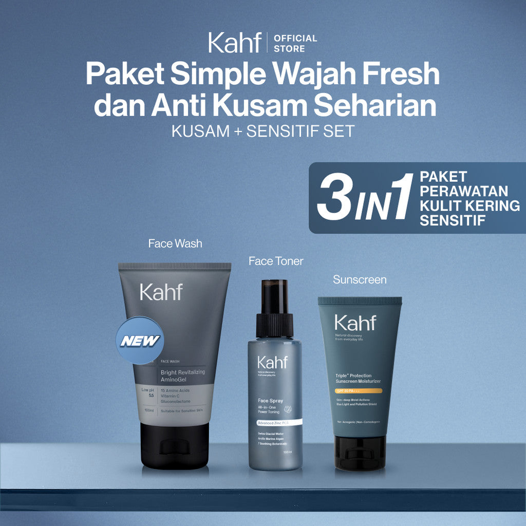 [SPECIAL KAHF DECODE : PAKET PERAWATAN KULIT KERING SENSITIF] Paket Simple Fresh & Anti Kusam Seharian (Face Wash + Toner + Sunscreen) - 3in1 Bundle untuk Membuat Wajah Tetap Segar - Suitable for Daily Use
