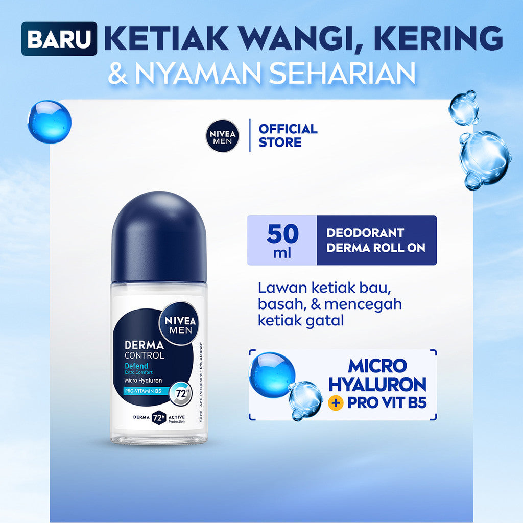 NIVEA MEN Deodorant Roll On Derma Control Defend 50ml - Deodoran pria skin barrier kulit ketiak sensitif melindungi anti keringat berlebih bau badan penggunaan harian dermatologis tidak lengket - Hyaluron, Vitamin B5, Antiperspiran, 0% Alkohol, Halal