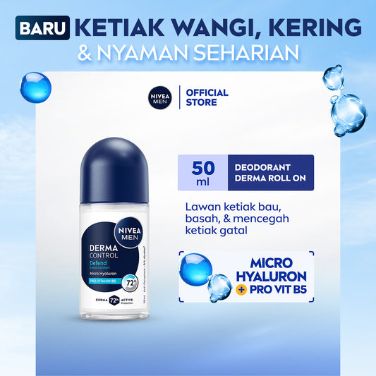 NIVEA MEN Deodorant Roll On Derma Control Defend 50ml - Deodoran pria skin barrier kulit ketiak sensitif melindungi anti keringat berlebih bau badan penggunaan harian dermatologis tidak lengket - Hyaluron, Vitamin B5, Antiperspiran, 0% Alkohol, Halal