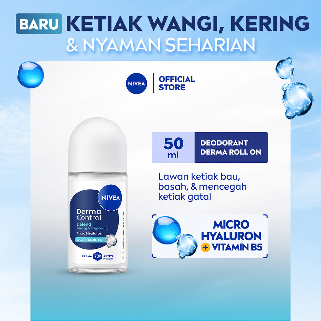 NIVEA Deodorant Roll On Derma Control Defend 50ml - Deodoran wanita skin barrier kulit ketiak sensitif perlindungan anti keringat berlebih bau badan penggunaan harian dermatologis tidak lengket - Hyaluron, Vitamin B5, Antiperspiran, 0% Alkohol, Halal