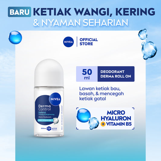 NIVEA Deodorant Roll On Derma Control Defend 50ml - Deodoran wanita skin barrier kulit ketiak sensitif perlindungan anti keringat berlebih bau badan penggunaan harian dermatologis tidak lengket - Hyaluron, Vitamin B5, Antiperspiran, 0% Alkohol, Halal