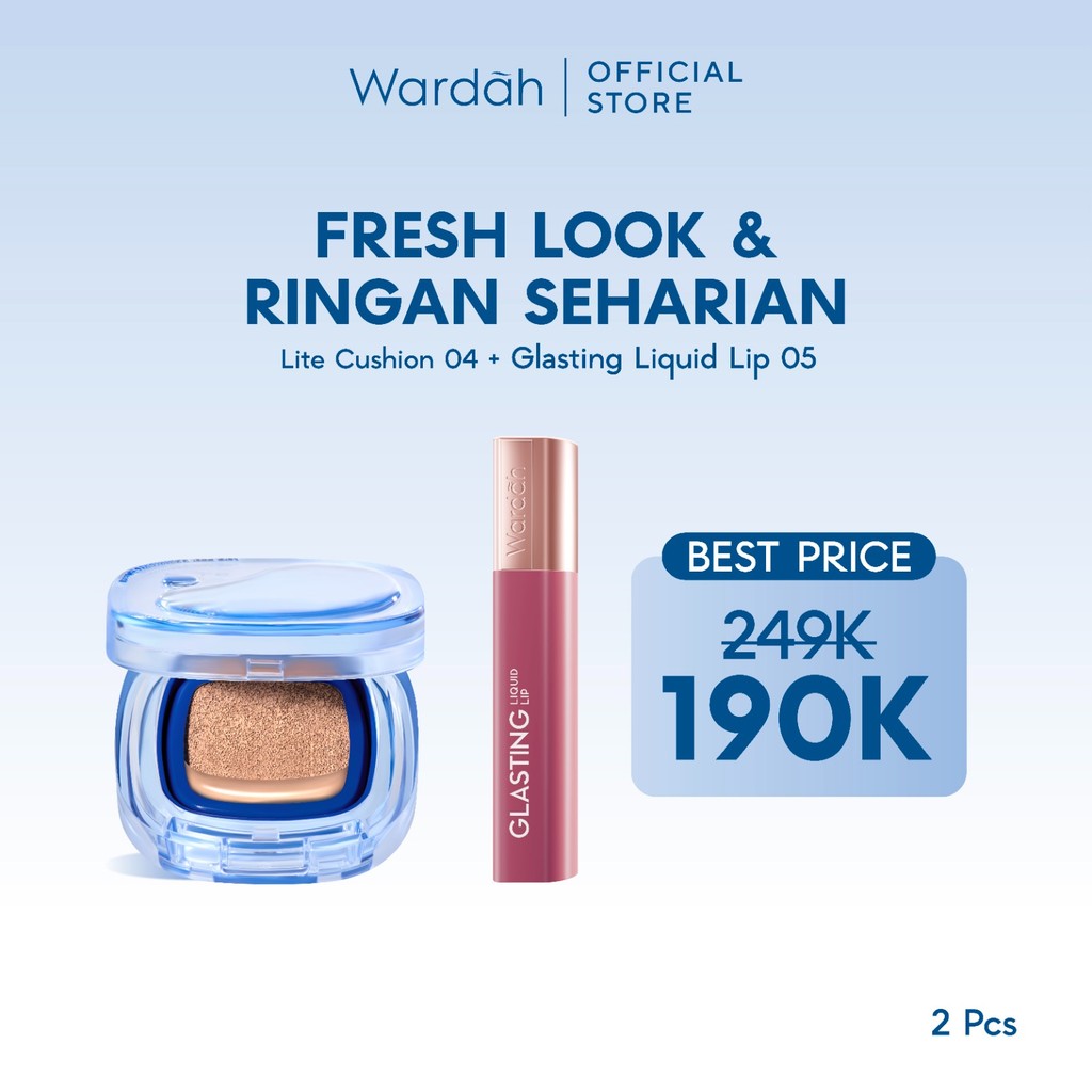 WARDAH Paket Make Up Ringan Sepanjang Hari | Fresh Look, Flawless, Tahan Lama | Light+ Lite Skin Filter Cushion + Best Seller Lip | Glasting, Matte Lip Cream, Airbrush Lip Tint, Glossicle Peptide Balm, Moist Dew Tint | Light Plus Lightplus Bundle Makeup