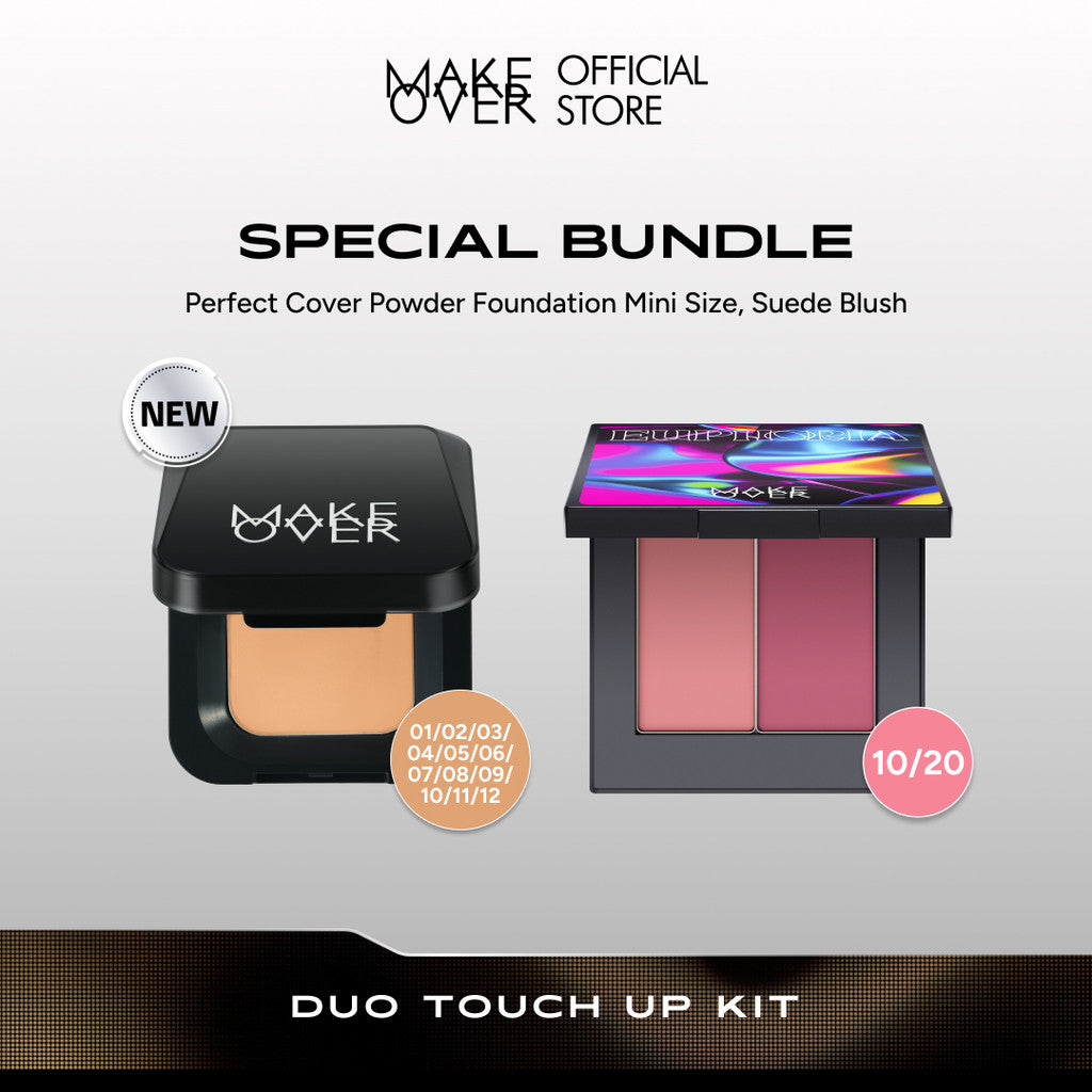 MAKE OVER Duo Touch Up Kit: NEW! Mini Perfect Cover Powder Foundation 4.4 g + Powerstay Suede Blush 5.5 g - Paket Lengkap Bedak Padat dan Blush On - TWC Two Way Cake Cover Melt and Blur Powder 16H Blurring Velvet Smooth Finish