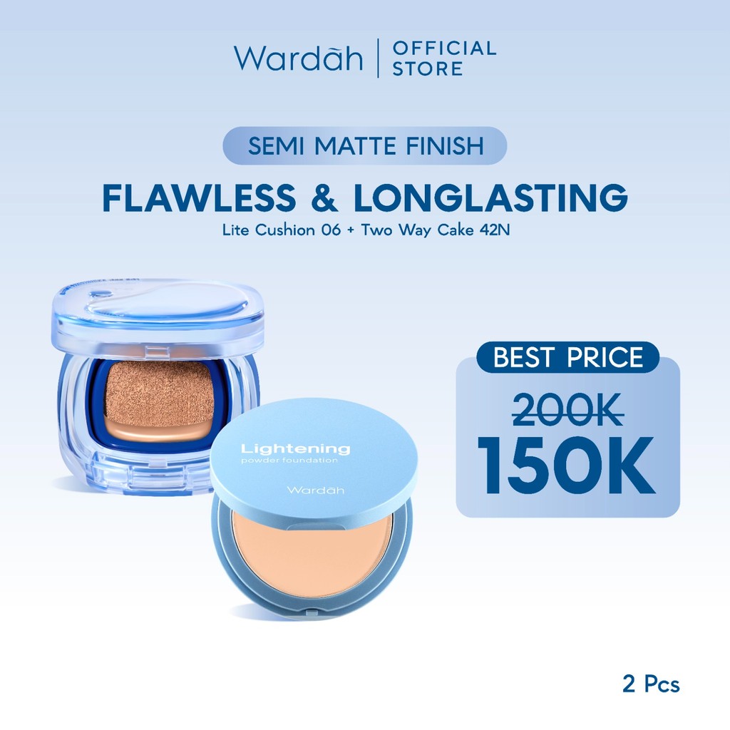 WARDAH Paket Make Up Tahan Seharian & Semi Matte Finish | Noda Tertutup Seharian, Anti Longsor, Medium Coverage, Flawless, Long Lasting | Light+ Lite Skin Filter Cushion + Lightening Powder Foundation | Light Plus Lightplus Two Way Cake TWC Bundle Makeup