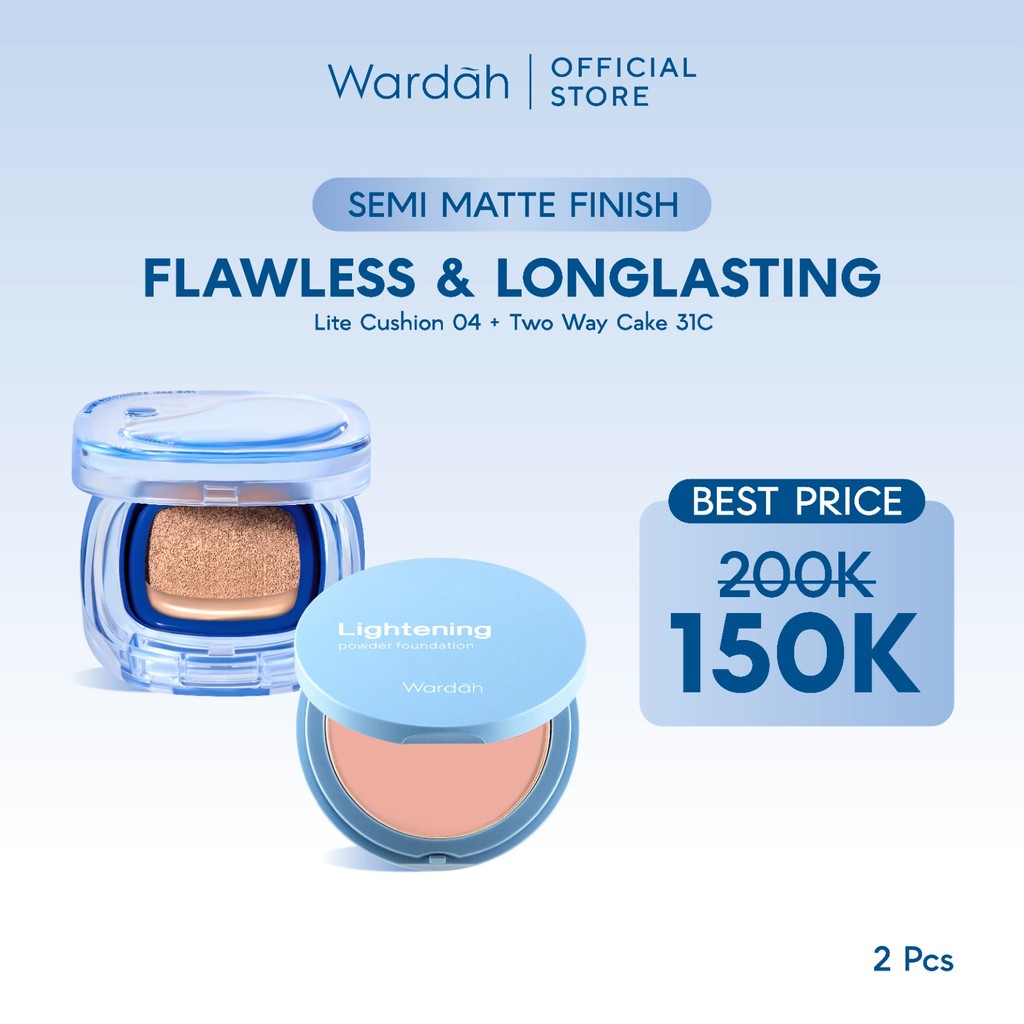 WARDAH Paket Make Up Tahan Seharian & Semi Matte Finish | Noda Tertutup Seharian, Anti Longsor, Medium Coverage, Flawless, Long Lasting | Light+ Lite Skin Filter Cushion + Lightening Powder Foundation | Light Plus Lightplus Two Way Cake TWC Bundle Makeup