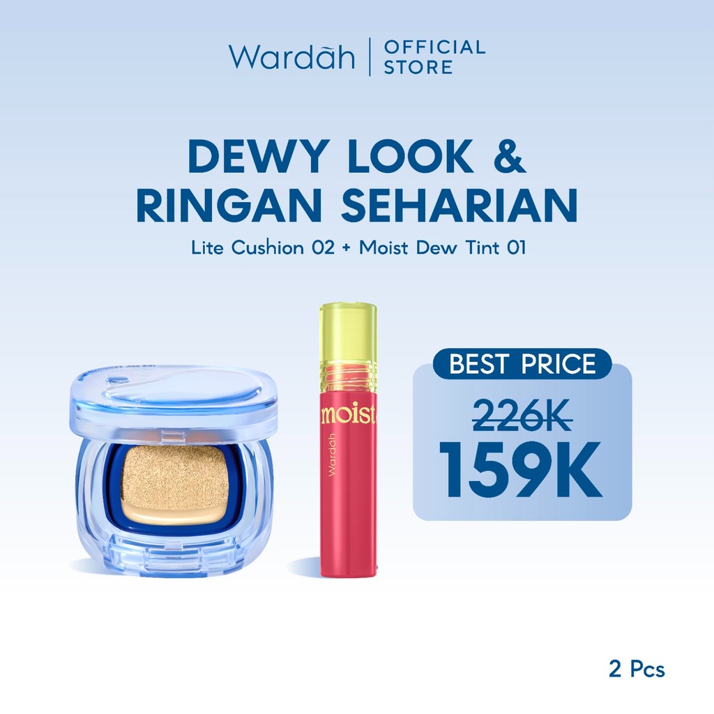 WARDAH Paket Make Up Ringan Sepanjang Hari | Fresh Look, Flawless, Tahan Lama | Light+ Lite Skin Filter Cushion + Best Seller Lip | Glasting, Matte Lip Cream, Airbrush Lip Tint, Glossicle Peptide Balm, Moist Dew Tint | Light Plus Lightplus Bundle Makeup