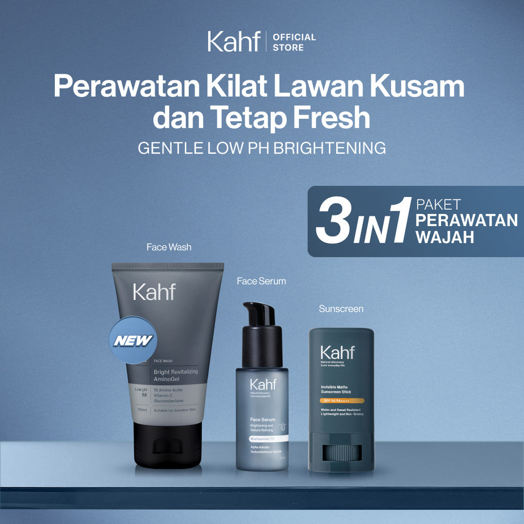 [KAHF BUNDLE 3IN1 PAKET PERAWATAN WAJAH : SKINCARE HEMAT WAKTU UNTUK COWOK YANG MAU BEBAS KUSAM] Paket Perawatan Kilat Lawan Kusam & Tetap Fresh (Face Wash + Serum + Sunscreen Stick) - Suitable for Daily Use