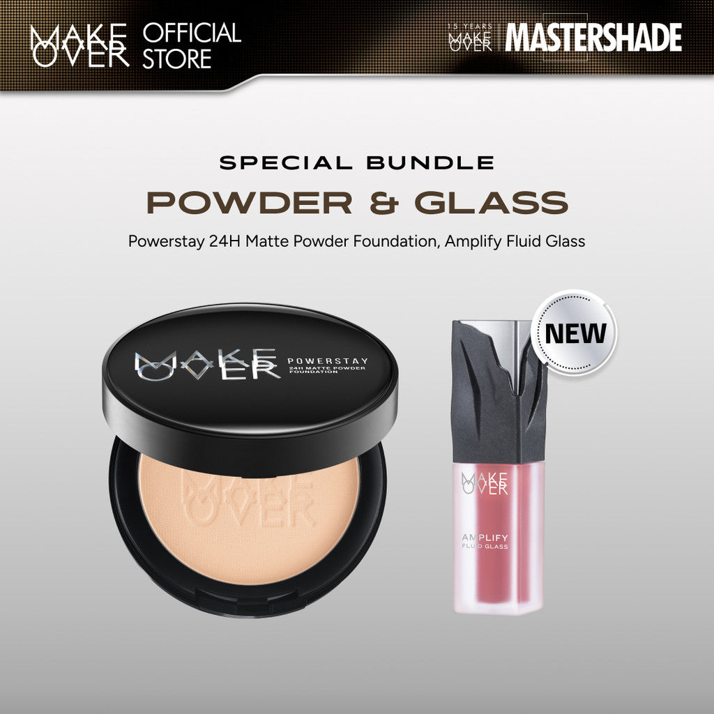 MAKE OVER Powder and Glass: Powerstay 24H Matte Powder Foundation + NEW! Amplify Glass Fluid - Paket Lengkap Bedak Padat High Coverage dan Lip Gloss Pigmented