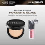 MAKE OVER Powder and Glass: Powerstay 24H Matte Powder Foundation + NEW! Amplify Glass Fluid - Paket Lengkap Bedak Padat High Coverage dan Lip Gloss Pigmented