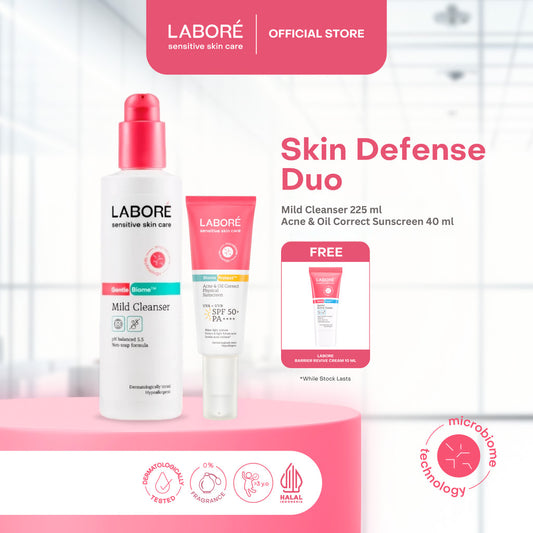 Labore Skin Defense Duo for Normal / Acne Prone Skin -   Mild Cleanser 225 ml |   Physical Sunscreen 30 ml |   Acne & Oil Correct Sunscreen 40 ml - Pembersih Wajah - Lembut - Cocok untuk Kulit Sensitif - Melembabkan -Sunscreen - Tabir Surya