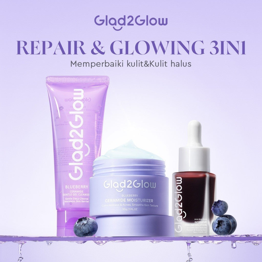 [SET REPAIR&GLOWING]Glad2Glow Glowing&Sehat&Lembap Bundle 4in1-Blueberry Moisturizer+Cerah Krim+Brightening Serum+Pulihkan cleanser+eksfoliasi Toner-skincare Beauty Sets&Packages cream pemutih wajah facial wash eksfoliasi wajah peeling