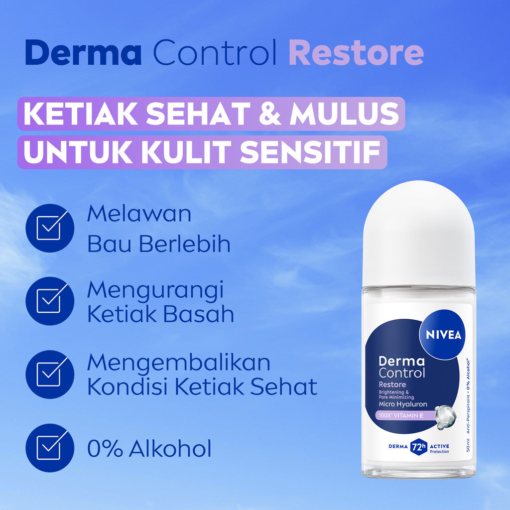 NIVEA Deodorant Roll On Derma Control Restore 50ml - Deodoran wanita skin barrier memperbaiki kulit ketiak sensitif mencerahkan anti keringat berlebih bau badan penggunaan harian tidak lengket - Hyaluron, Vitamin E, Antiperspiran, 0% Alkohol, Halal