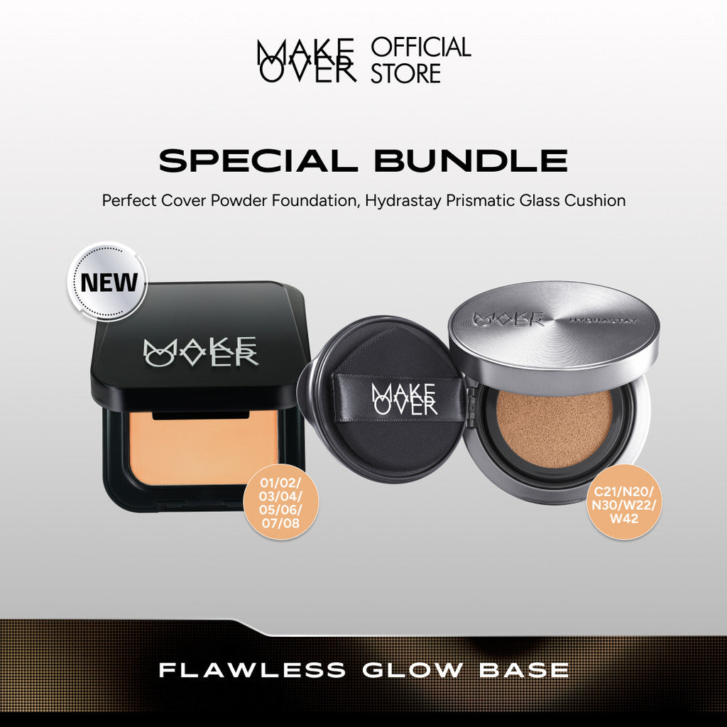 MAKE OVER Flawless Glow Base Bundle: NEW! Perfect Cover Powder Foundation Full Size + Hydrastay Prismatic Glass Cushion - Paket Lengkap Cushion Glow dan Bedak Hasil Tahan Lama Glass Skin Kulit Lembab Anti Crack