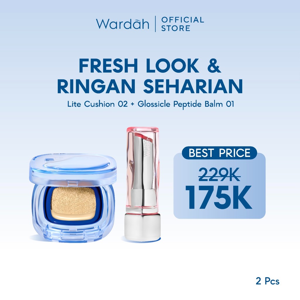 WARDAH Paket Make Up Ringan Sepanjang Hari | Fresh Look, Flawless, Tahan Lama | Light+ Lite Skin Filter Cushion + Best Seller Lip | Glasting, Matte Lip Cream, Airbrush Lip Tint, Glossicle Peptide Balm, Moist Dew Tint | Light Plus Lightplus Bundle Makeup