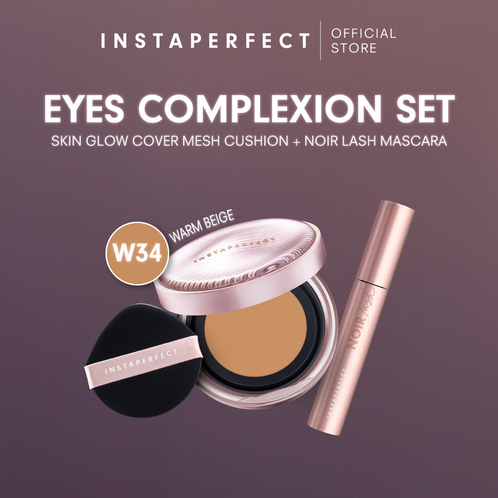 Instaperfect Eyes complexion set -  real skin high coverage complexion, healthy glow, blurring, bulu mata "jigrak", Instant lashlift (Skin glow mesh cushion + Noir lash mascara)