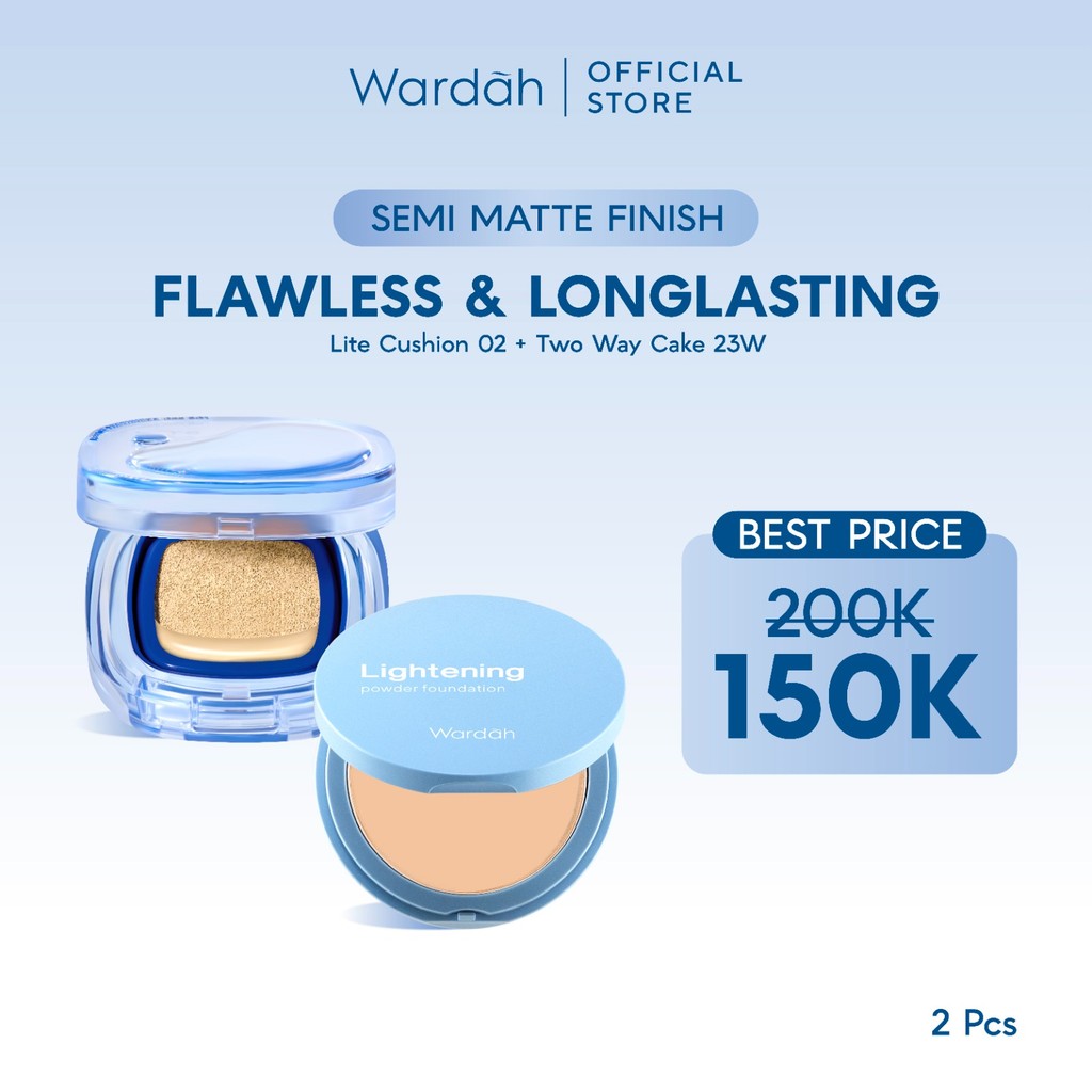 WARDAH Paket Make Up Tahan Seharian & Semi Matte Finish | Noda Tertutup Seharian, Anti Longsor, Medium Coverage, Flawless, Long Lasting | Light+ Lite Skin Filter Cushion + Lightening Powder Foundation | Light Plus Lightplus Two Way Cake TWC Bundle Makeup