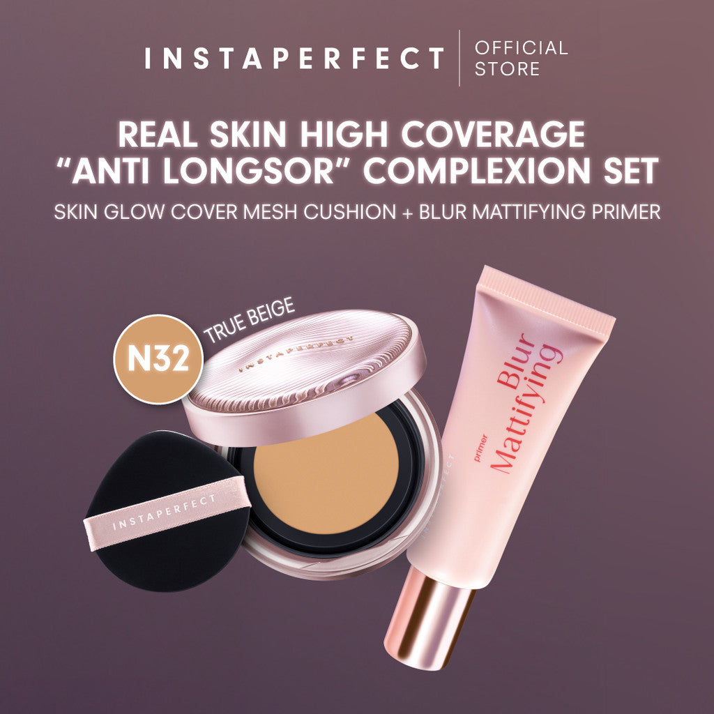 Instaperfect Real Skin High Coverage Smooth Glow Finish Complete Complexion Set- Bundle  Skin Glow Mesh Cushion+ Quickmatte Loose Powder- Paket Make up Glow Finish High Coverage