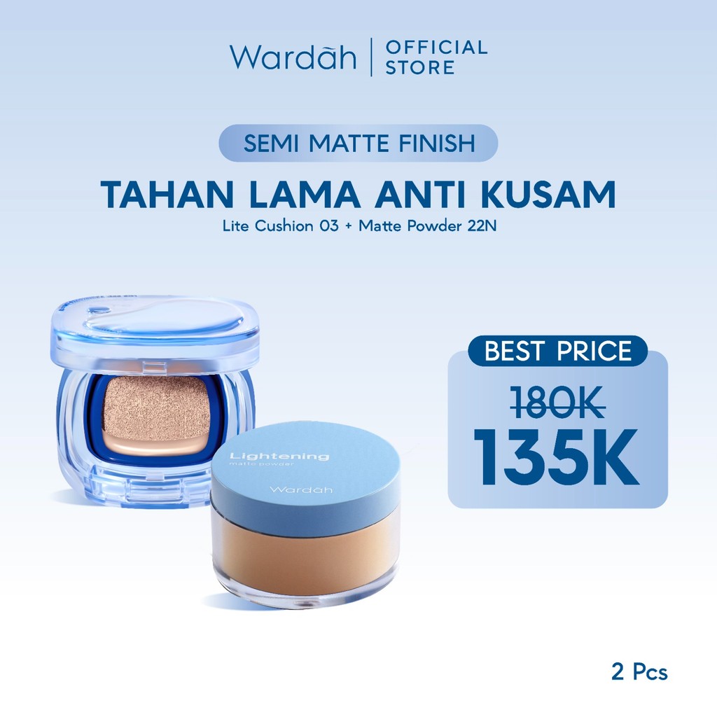WARDAH Paket Make Up Flawless Bebas Kilap | Tahan Lama & Anti Kusam | Light+ Lite Skin Filter Cushion + Lightening Matte Powder | Light Plus Lightplus Bedak Tabur Loose Powder Bundle Makeup