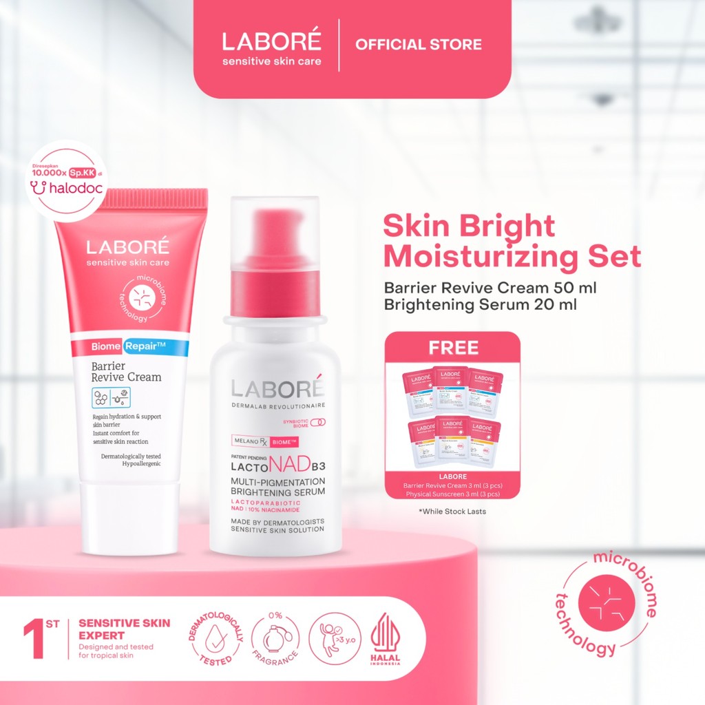 Labore Skin Bright Moisturizing Set - Multi-Pigmentation Brightening Serum 20 ml |   Barrier Revive Cream 50 ml - Serum Brightening Mencerahkan Mengatasi Multi Pigmentasi Bekas Jerawat PIE PIH Moisturizer Kulit Sensitif Skincare Best Seller