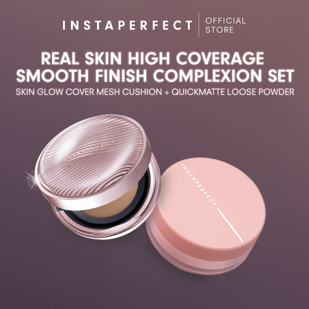 Instaperfect Real Skin High Coverage Smooth Finish Complexion Set- Skin Glow Mesh Cushion + Quickmatte Loose Powder- Paket Make Up Wajah Hasil Semi-Matte Finish-Foundation Wajah