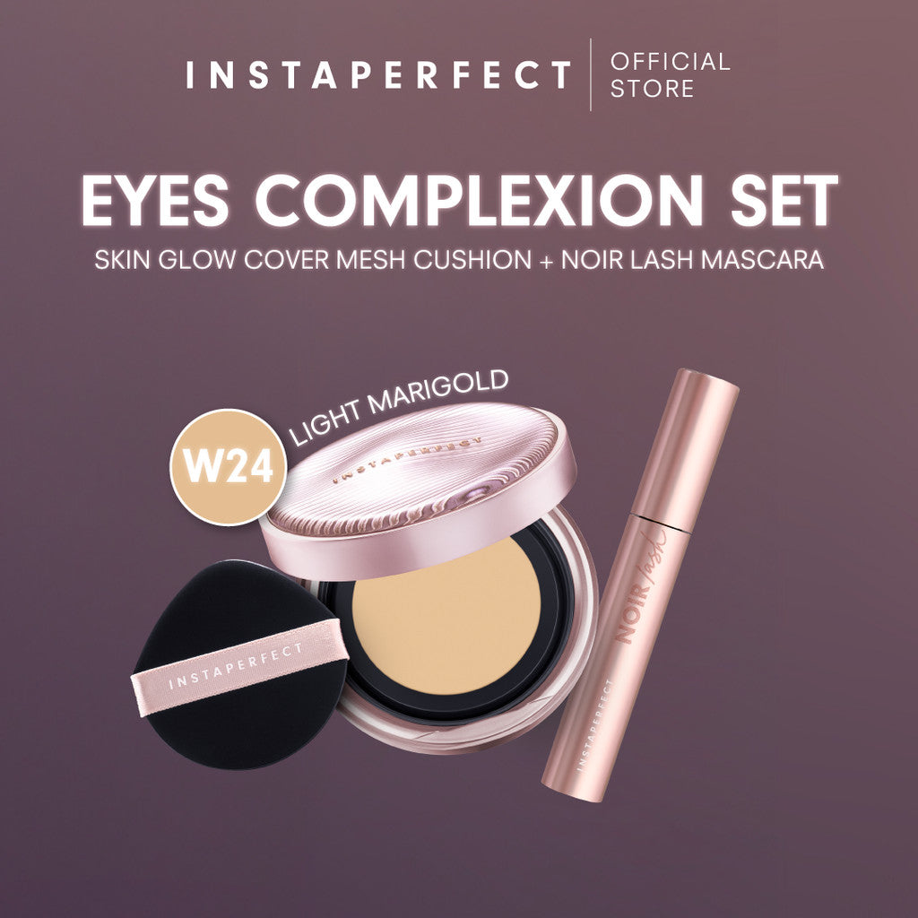 Instaperfect Eyes complexion set -  real skin high coverage complexion, healthy glow, blurring, bulu mata "jigrak", Instant lashlift (Skin glow mesh cushion + Noir lash mascara)