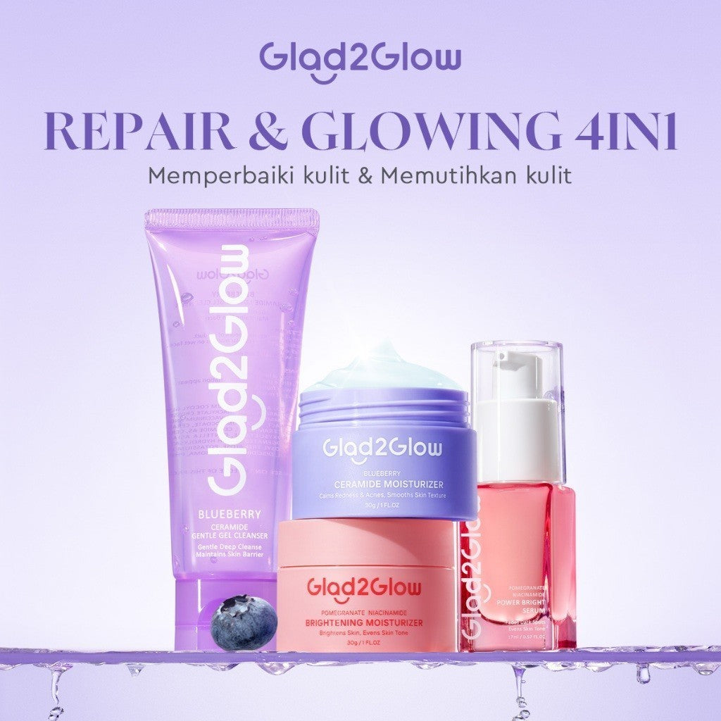 [SET REPAIR&GLOWING]Glad2Glow Glowing&Sehat&Lembap Bundle 4in1-Blueberry Moisturizer+Cerah Krim+Brightening Serum+Pulihkan cleanser+eksfoliasi Toner-skincare Beauty Sets&Packages cream pemutih wajah facial wash eksfoliasi wajah peeling