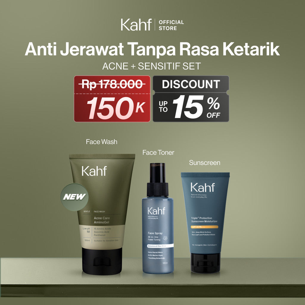 [KAHF BUNDLE 3IN1 PAKET PERAWATAN WAJAH : SKINCARE UNTUK KULIT BERJERAWAT & BERMINYAK] Paket Anti Jerawat Tanpa Rasa Ketarik (Face Wash + Toner + Sunscreen) - Suitable for Daily Use