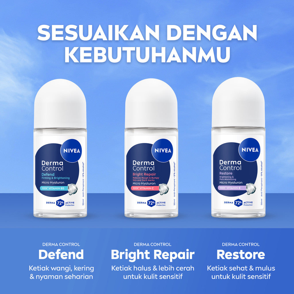 NIVEA Deodorant Roll On Derma Control Restore 50ml - Deodoran wanita skin barrier memperbaiki kulit ketiak sensitif mencerahkan anti keringat berlebih bau badan penggunaan harian tidak lengket - Hyaluron, Vitamin E, Antiperspiran, 0% Alkohol, Halal