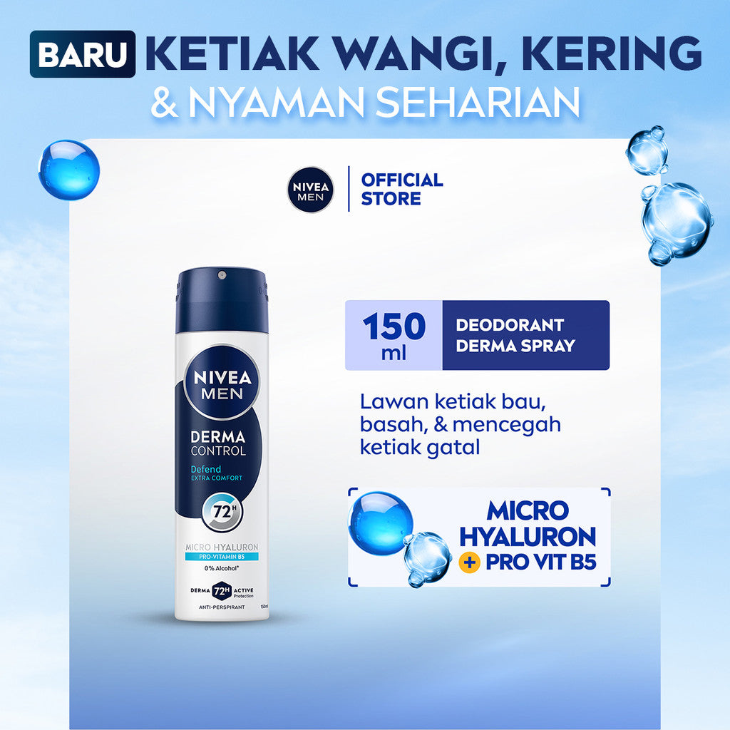 NIVEA MEN Deodorant Spray Derma Control Defend 150ml - Deodoran semprot pria skin barrier kulit ketiak sensitif anti keringat berlebih bau badan penggunaan harian dermatologis tidak lengket - Hyaluron, Vitamin B5, Antiperspiran, 0% Alkohol, Halal