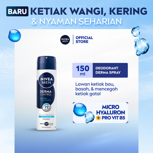 NIVEA MEN Deodorant Spray Derma Control Defend 150ml - Deodoran semprot pria skin barrier kulit ketiak sensitif anti keringat berlebih bau badan penggunaan harian dermatologis tidak lengket - Hyaluron, Vitamin B5, Antiperspiran, 0% Alkohol, Halal