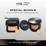 MAKE OVER Flawless Matte Base Bundle: NEW! Perfect Cover Powder Foundation Full Size + Powerstay Sync Matte Cushion - Paket Lengkap Cushion Smart AI Matte High Coverage dan Bedak Hasil Tahan Lama