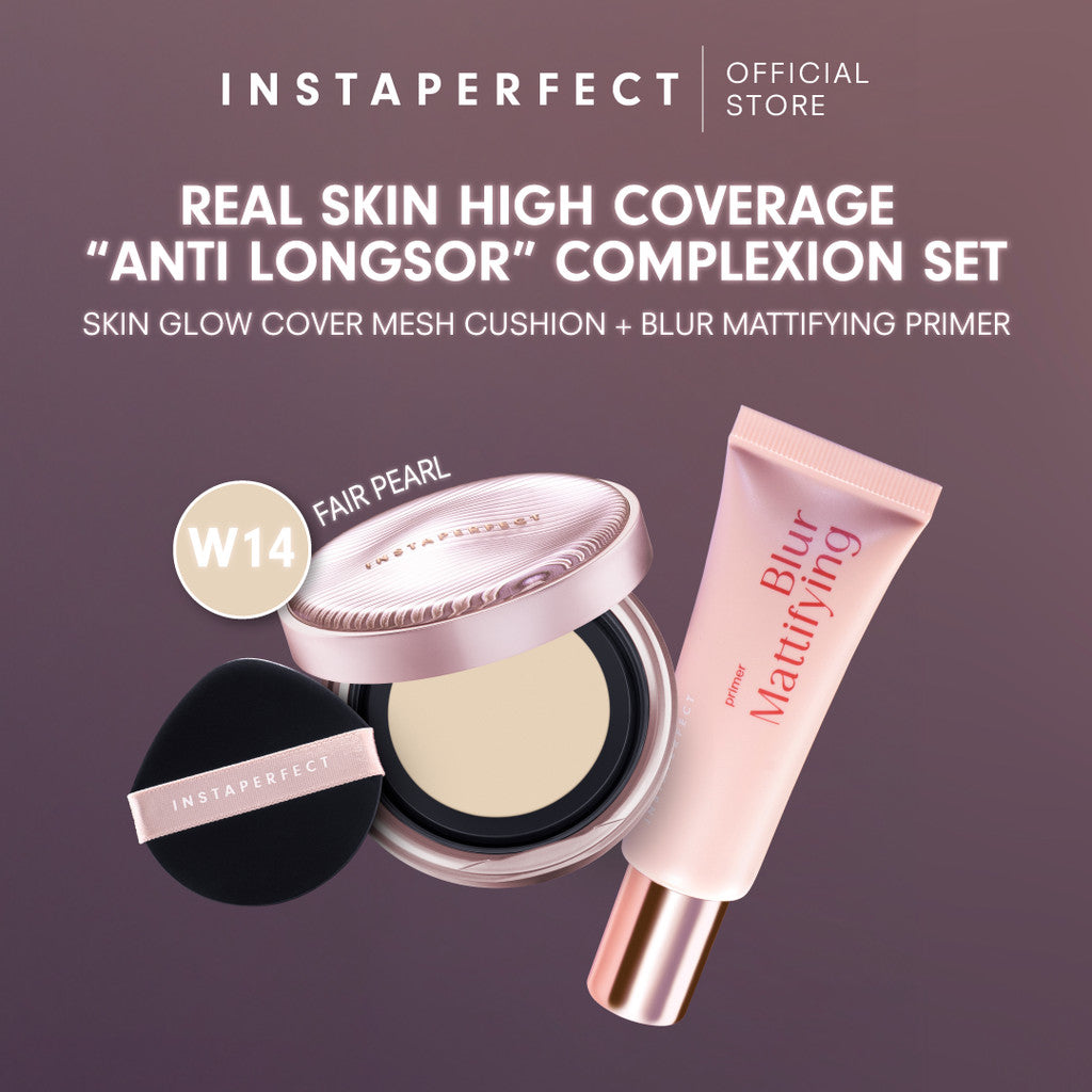 Instaperfect Real Skin High Coverage "anti longsor" Complexion Set- Skin Glow Mesh Cushion + Blur Mattifying Primer- Paket Lengkap Make Up