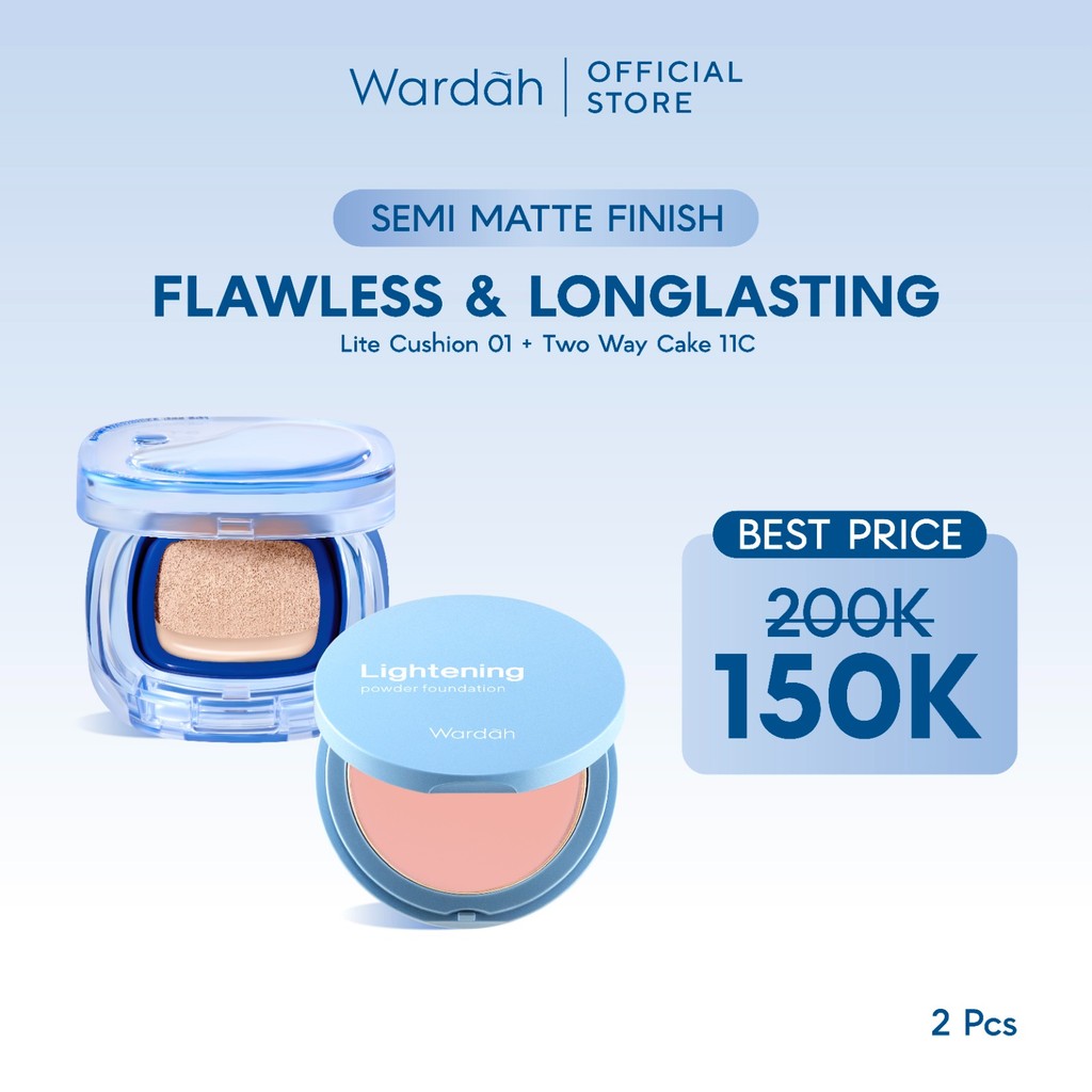 WARDAH Paket Make Up Tahan Seharian & Semi Matte Finish | Noda Tertutup Seharian, Anti Longsor, Medium Coverage, Flawless, Long Lasting | Light+ Lite Skin Filter Cushion + Lightening Powder Foundation | Light Plus Lightplus Two Way Cake TWC Bundle Makeup