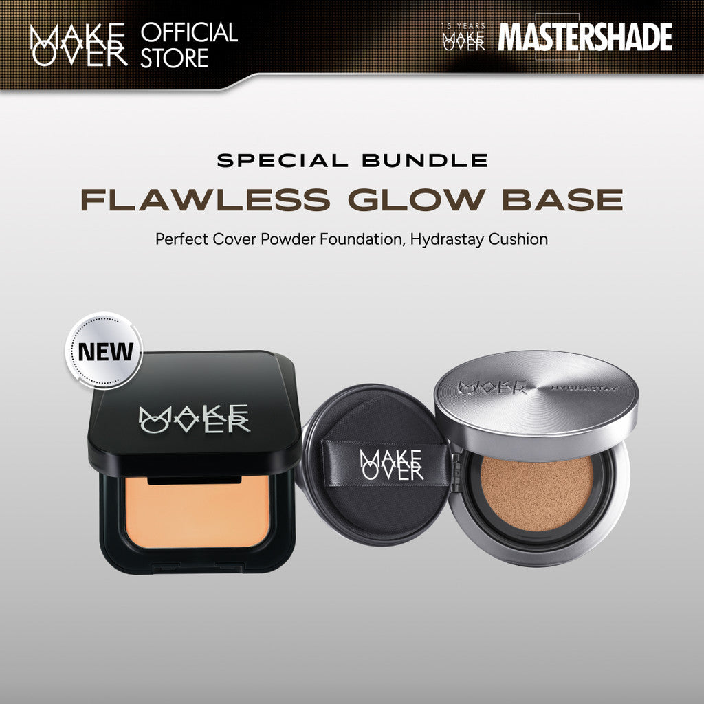MAKE OVER Flawless Glow Base Bundle: NEW! Perfect Cover Powder Foundation Full Size + Hydrastay Prismatic Glass Cushion - Paket Lengkap Cushion Glow dan Bedak Hasil Tahan Lama Glass Skin Kulit Lembab Anti Crack