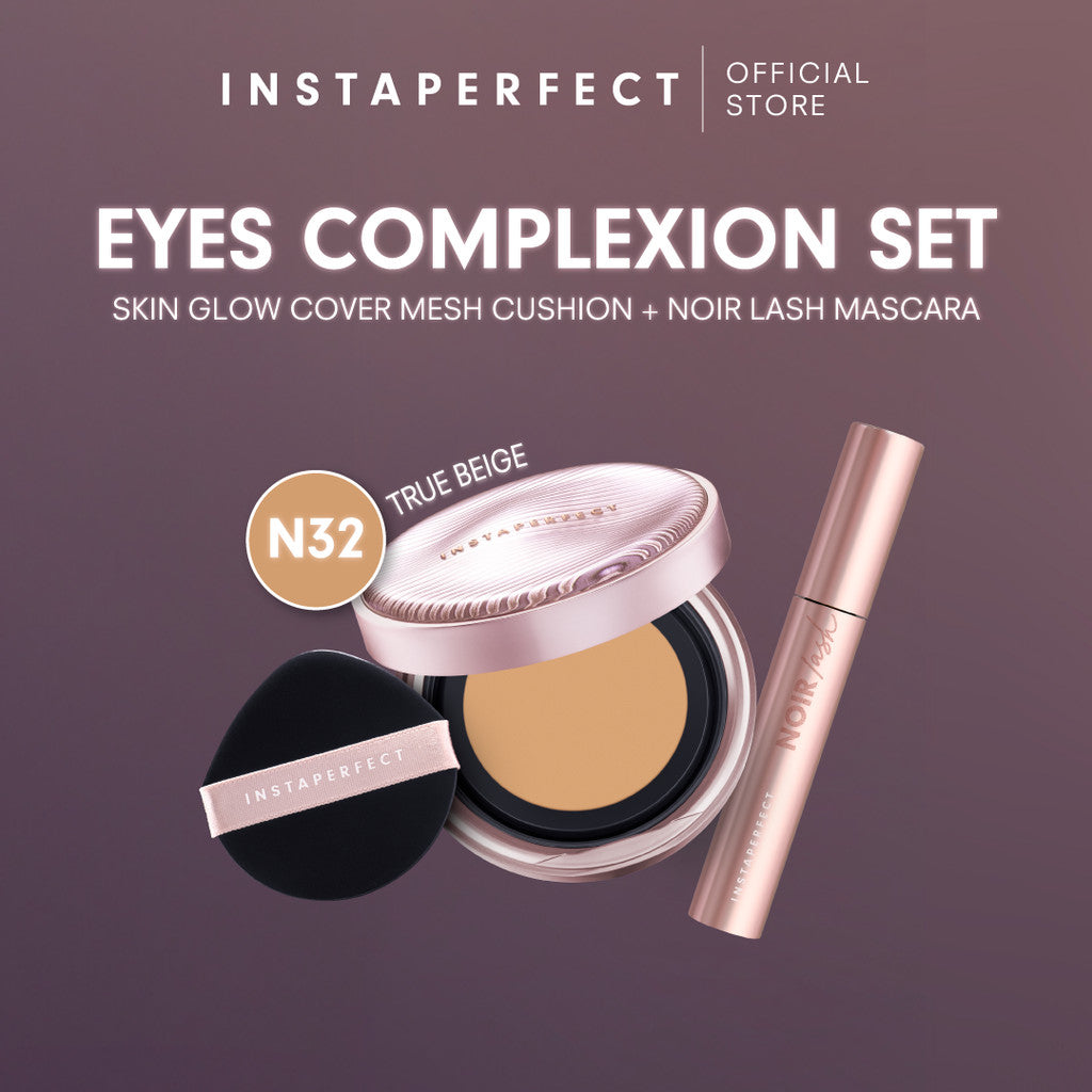 Instaperfect Eyes complexion set -  real skin high coverage complexion, healthy glow, blurring, bulu mata "jigrak", Instant lashlift (Skin glow mesh cushion + Noir lash mascara)