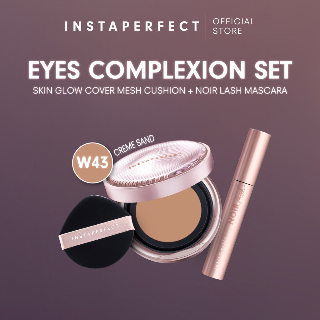 Instaperfect Eyes complexion set -  real skin high coverage complexion, healthy glow, blurring, bulu mata "jigrak", Instant lashlift (Skin glow mesh cushion + Noir lash mascara)