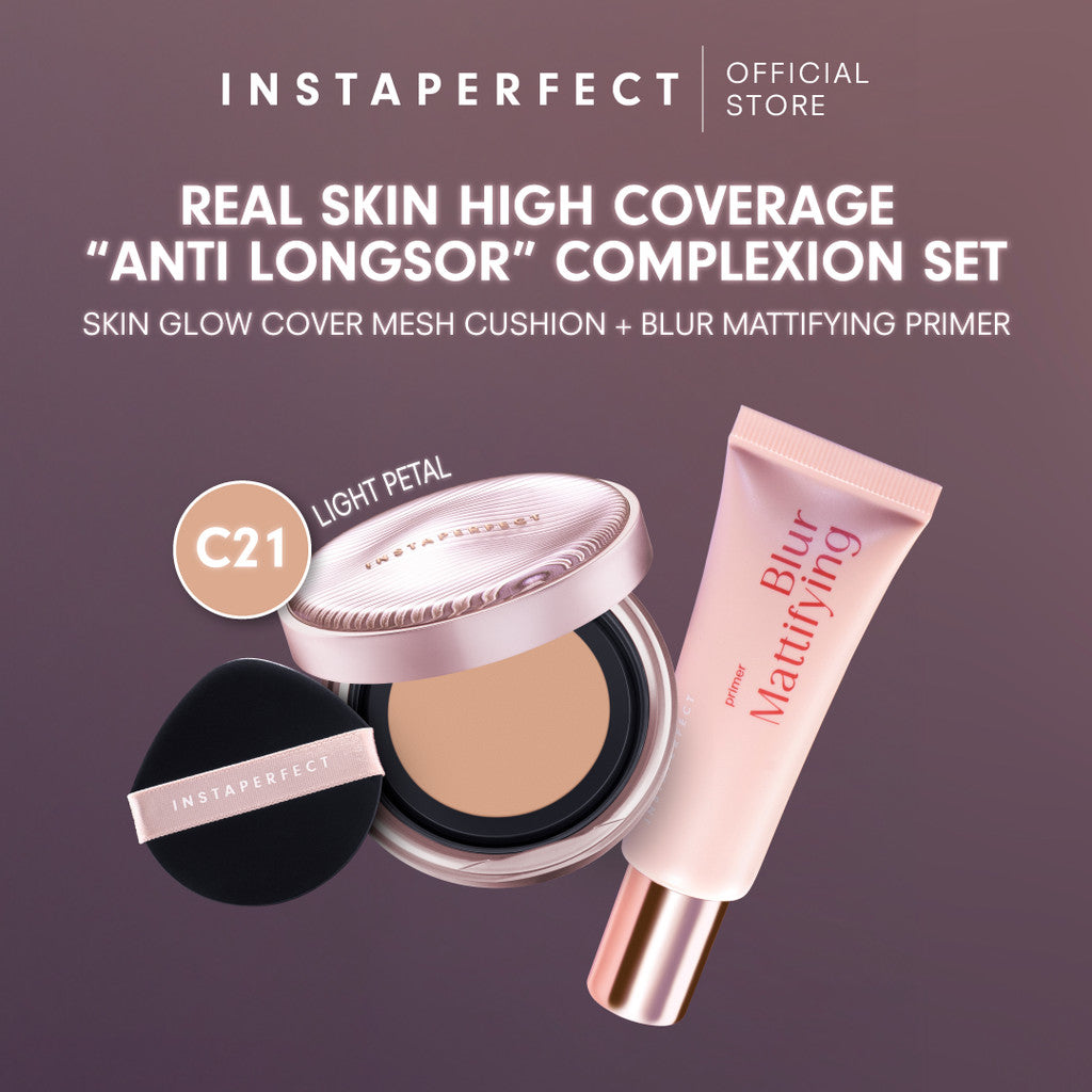 Instaperfect Real Skin High Coverage Smooth Glow Finish Complete Complexion Set- Bundle  Skin Glow Mesh Cushion+ Quickmatte Loose Powder- Paket Make up Glow Finish High Coverage