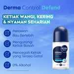 NIVEA MEN Deodorant Roll On Derma Control Defend 50ml - Deodoran pria skin barrier kulit ketiak sensitif melindungi anti keringat berlebih bau badan penggunaan harian dermatologis tidak lengket - Hyaluron, Vitamin B5, Antiperspiran, 0% Alkohol, Halal