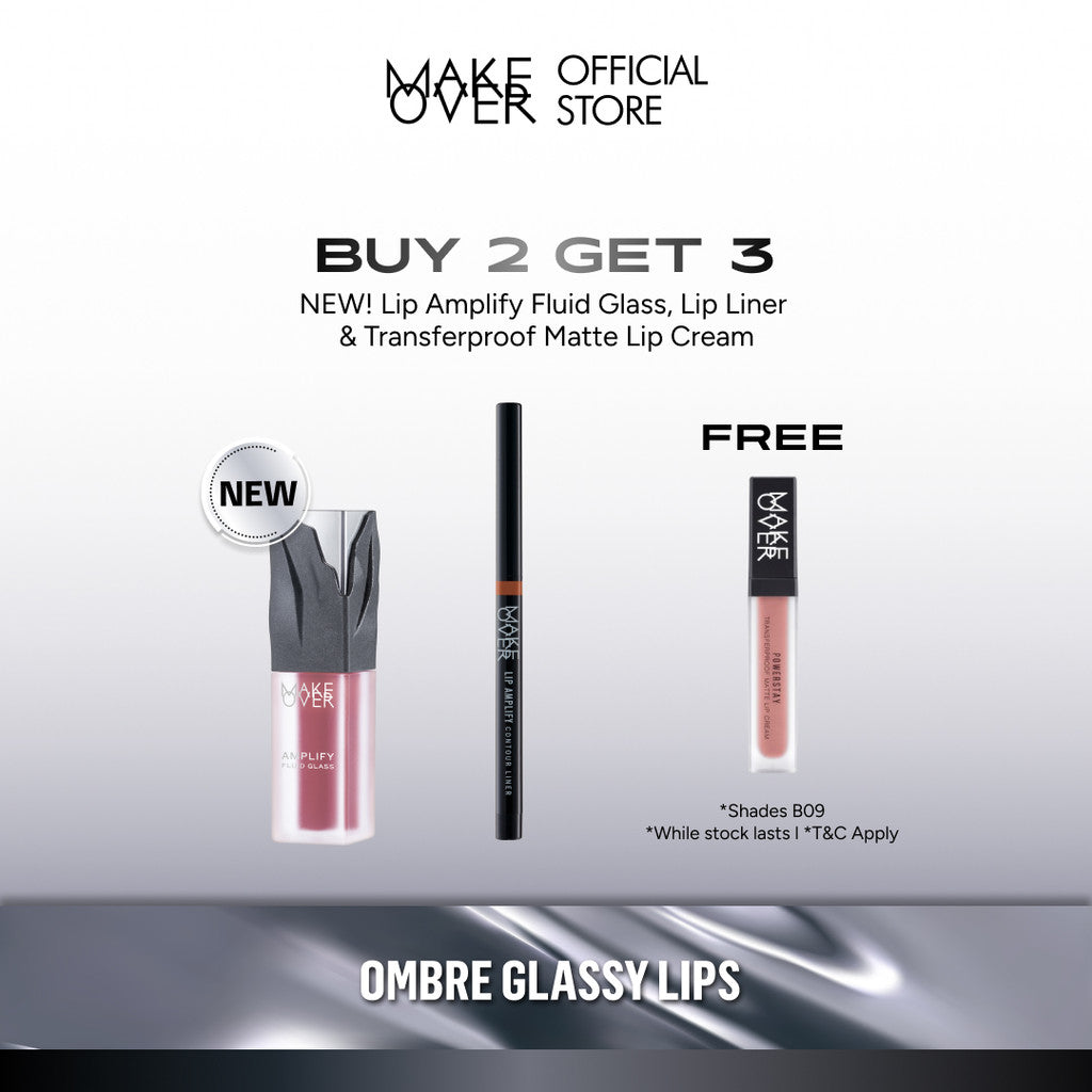 [EXCLUSIVE BUNDLE| B2G3] MAKE OVER Ombre Glassy Lips Bundle: NEW! Amplify Glass Fluid + Lip Amplify Contour Liner FREE Transferproof Matte Lip Cream - Paket Ombre Lengkap Lip Liner dan Lip Gloss Lembab Longlasting Lipstik