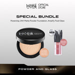 MAKE OVER Powder and Glass: Powerstay 24H Matte Powder Foundation + NEW! Amplify Glass Fluid - Paket Lengkap Bedak Padat High Coverage dan Lip Gloss Pigmented