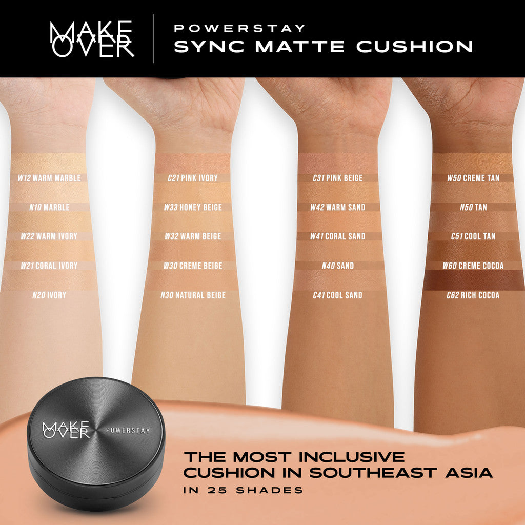 MAKE OVER Flawless Matte Base Bundle: NEW! Perfect Cover Powder Foundation Full Size + Powerstay Sync Matte Cushion - Paket Lengkap Cushion Smart AI Matte High Coverage dan Bedak Hasil Tahan Lama