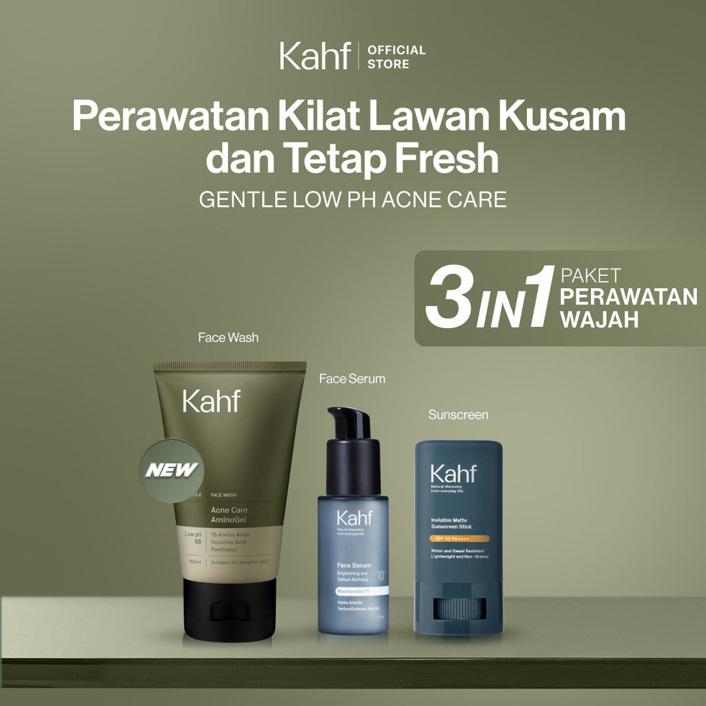 [KAHF BUNDLE 3IN1 PAKET PERAWATAN WAJAH : SKINCARE HEMAT WAKTU UNTUK COWOK YANG MAU BEBAS KUSAM] Paket Perawatan Kilat Lawan Kusam & Tetap Fresh (Face Wash + Serum + Sunscreen Stick) - Suitable for Daily Use