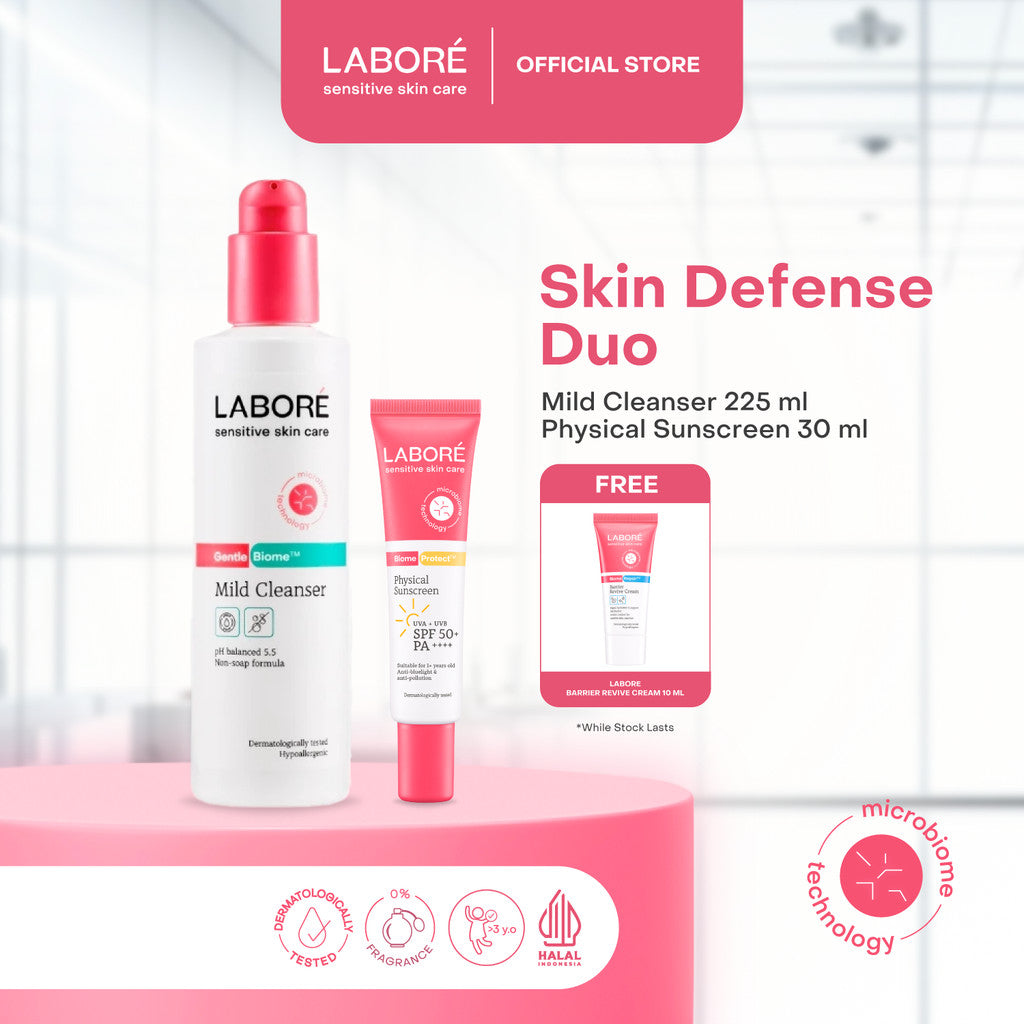 Labore Skin Defense Duo for Normal / Acne Prone Skin -   Mild Cleanser 225 ml |   Physical Sunscreen 30 ml |   Acne & Oil Correct Sunscreen 40 ml - Pembersih Wajah - Lembut - Cocok untuk Kulit Sensitif - Melembabkan -Sunscreen - Tabir Surya