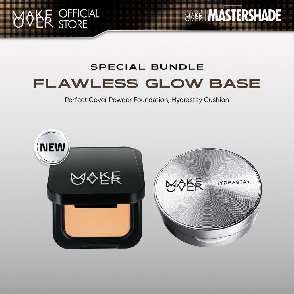 MAKE OVER Flawless Glow Base Bundle: NEW! Perfect Cover Powder Foundation Full Size + Hydrastay Prismatic Glass Cushion - Paket Lengkap Cushion Glow dan Bedak Hasil Tahan Lama Glass Skin Kulit Lembab Anti Crack
