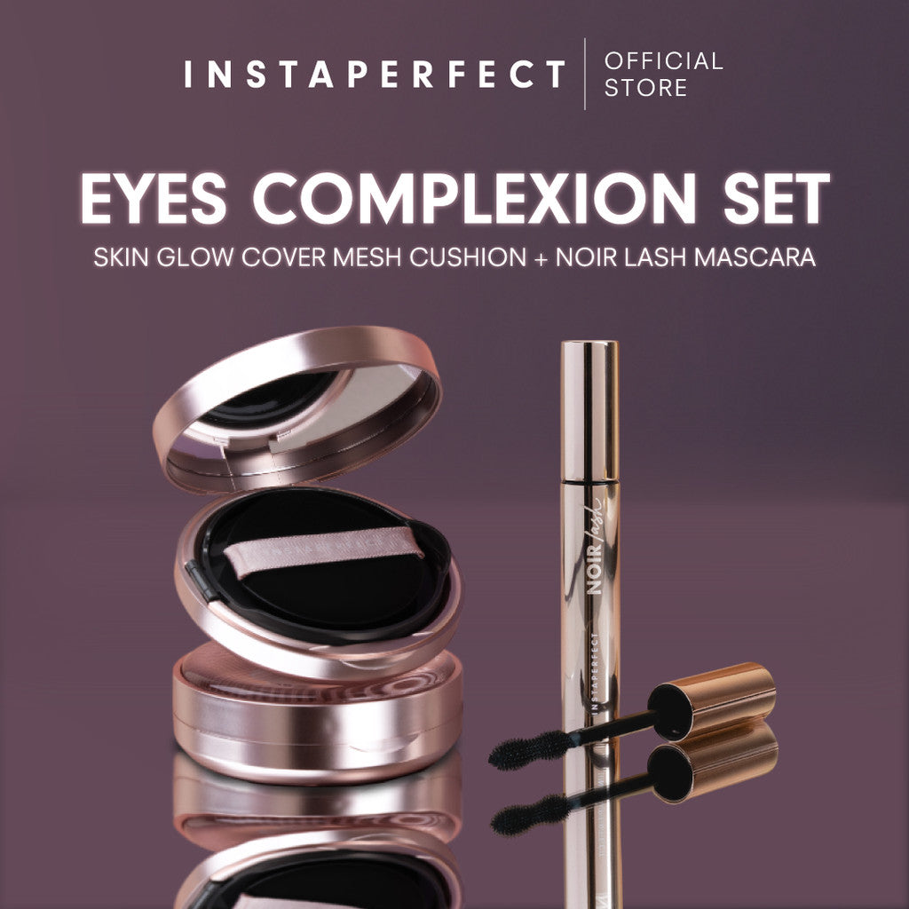 Instaperfect Eyes complexion set -  real skin high coverage complexion, healthy glow, blurring, bulu mata "jigrak", Instant lashlift (Skin glow mesh cushion + Noir lash mascara)