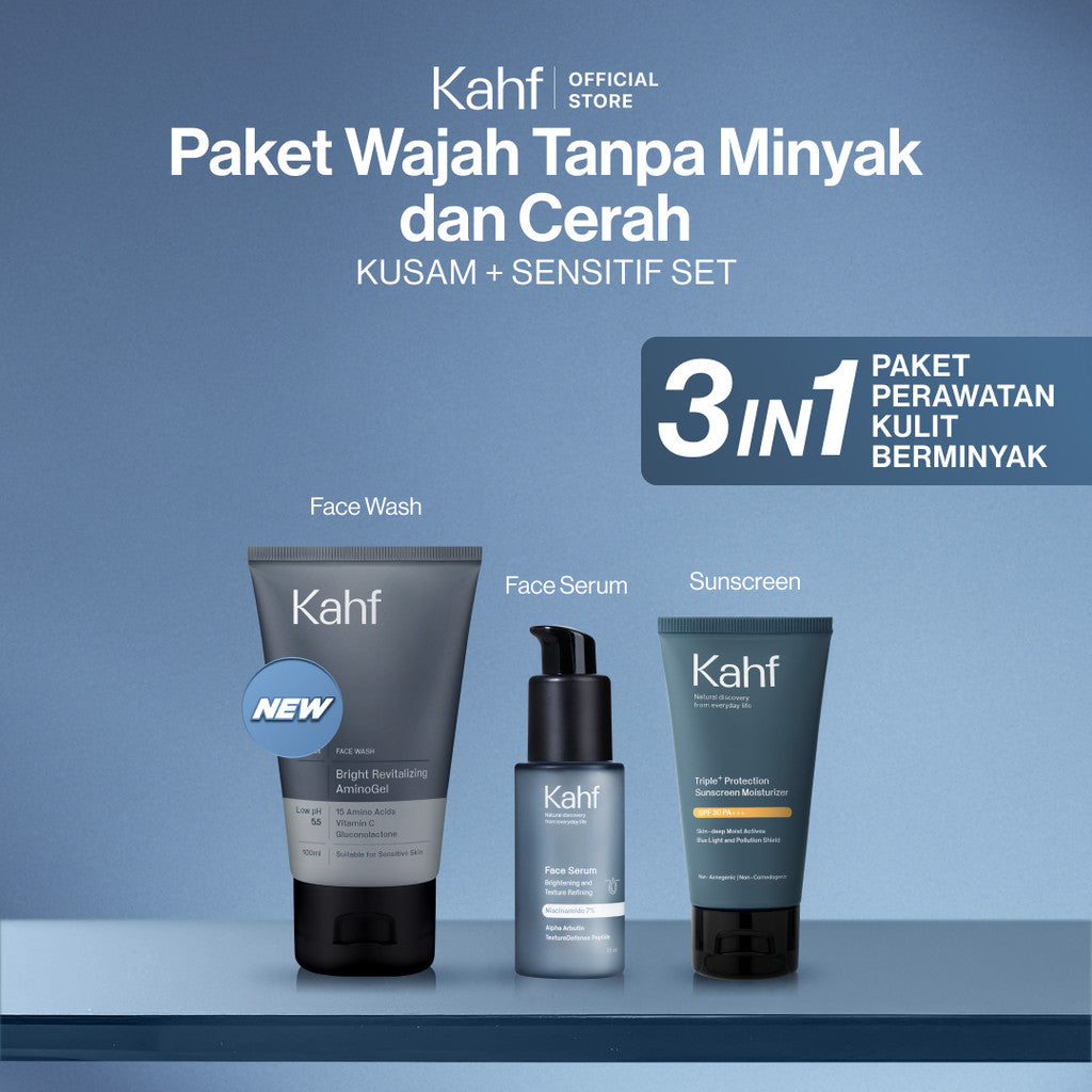 [SPECIAL KAHF DECODE : PAKET PERAWATAN KULIT BERMINYAK] Paket Tanpa Minyak & Cerah (Face Wash + Serum + Sunscreen) - 3in1 Bundle untuk Menjaga Wajah Tetap Cerah Walaupun Kulit Berminyak - Suitable for Daily Use