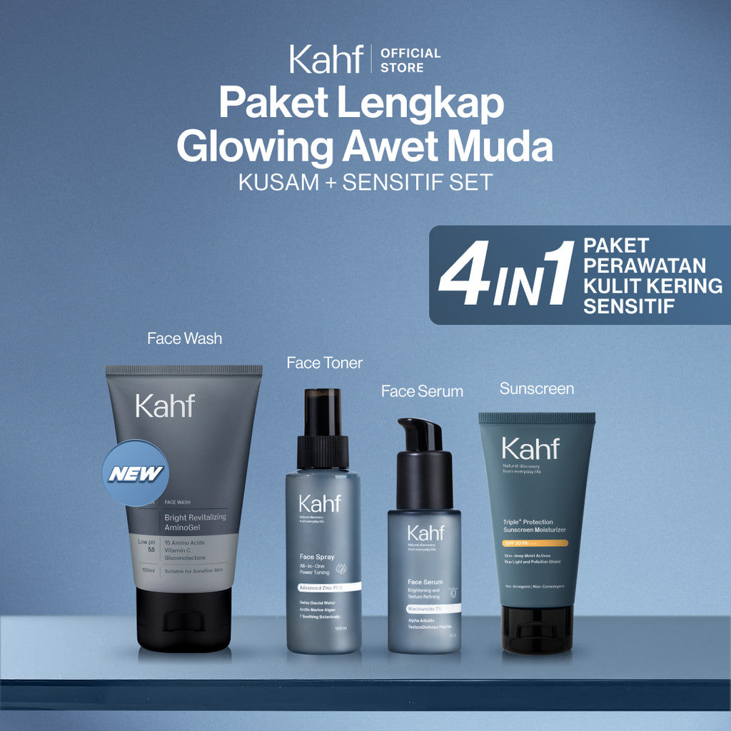 [SPECIAL KAHF DECODE : PAKET PERAWATAN KULIT KERING SENSITIF] Paket Lengkap Glowing Awet Muda (Face Wash + Toner + Serum + Sunscreen) - 4in1 Bundle untuk Melembabkan, Mencerahkan, & Mencegah Penuaan Dini - Suitable for Daily Use